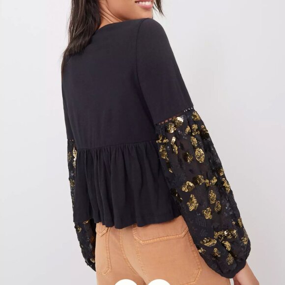 ANTHROPOLOGIE black and gold Neale sequined peplum top - Picture 2 of 13